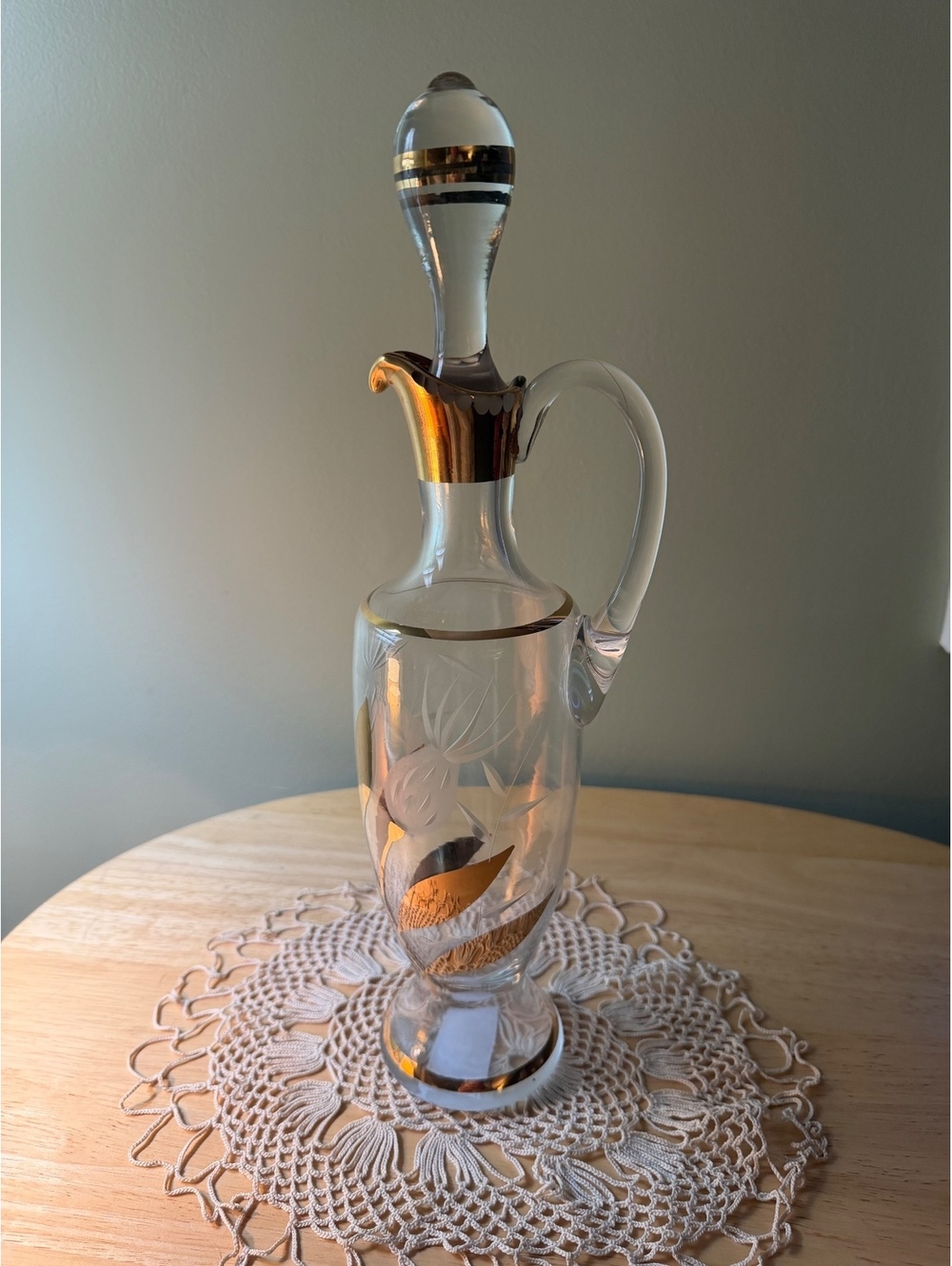 Vintage Mid-Century Hungarian Hand-Blown Glass Decanter with 24K Gold Accents